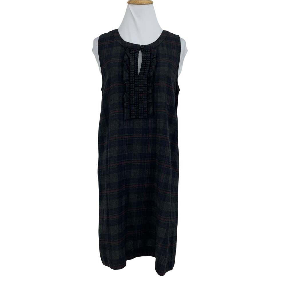 Theory Dress Womens 8 Dark Plaid Wool Blend Ruffle Keyhole Sleeveless Shift